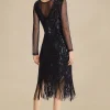 BABEYOND Flapper Dresses | Fringe<Elegant Sheer Sleeve Sequin Fringe Flapper Dress