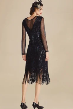 BABEYOND Flapper Dresses | Fringe<Elegant Sheer Sleeve Sequin Fringe Flapper Dress