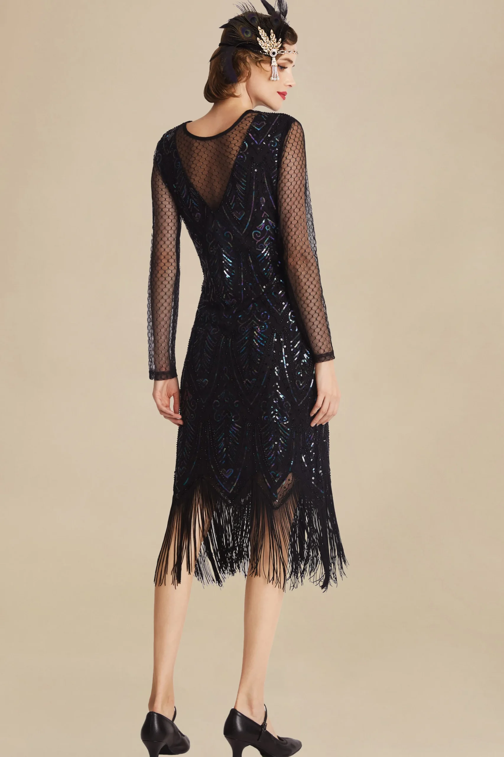 BABEYOND Flapper Dresses | Fringe<Elegant Sheer Sleeve Sequin Fringe Flapper Dress