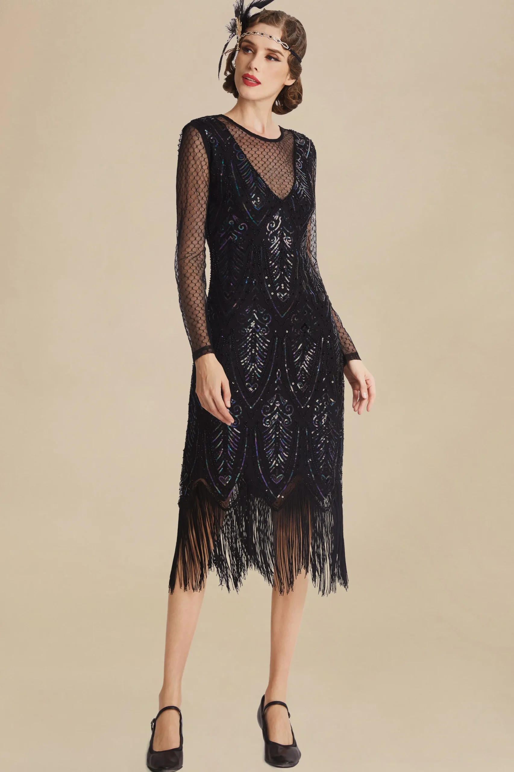 BABEYOND Flapper Dresses | Fringe<Elegant Sheer Sleeve Sequin Fringe Flapper Dress