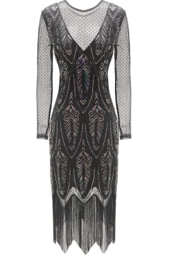 BABEYOND Flapper Dresses | Fringe<Elegant Sheer Sleeve Sequin Fringe Flapper Dress