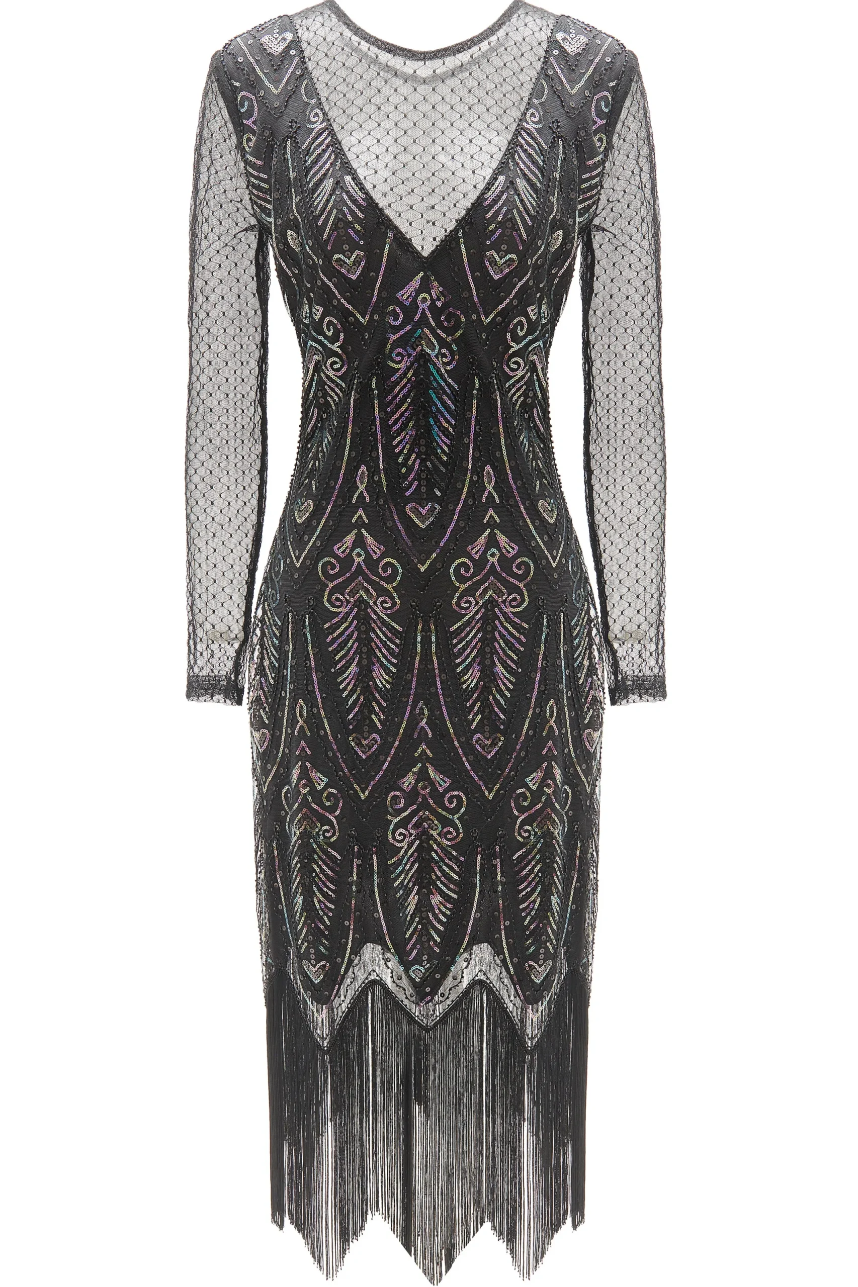 BABEYOND Flapper Dresses | Fringe<Elegant Sheer Sleeve Sequin Fringe Flapper Dress