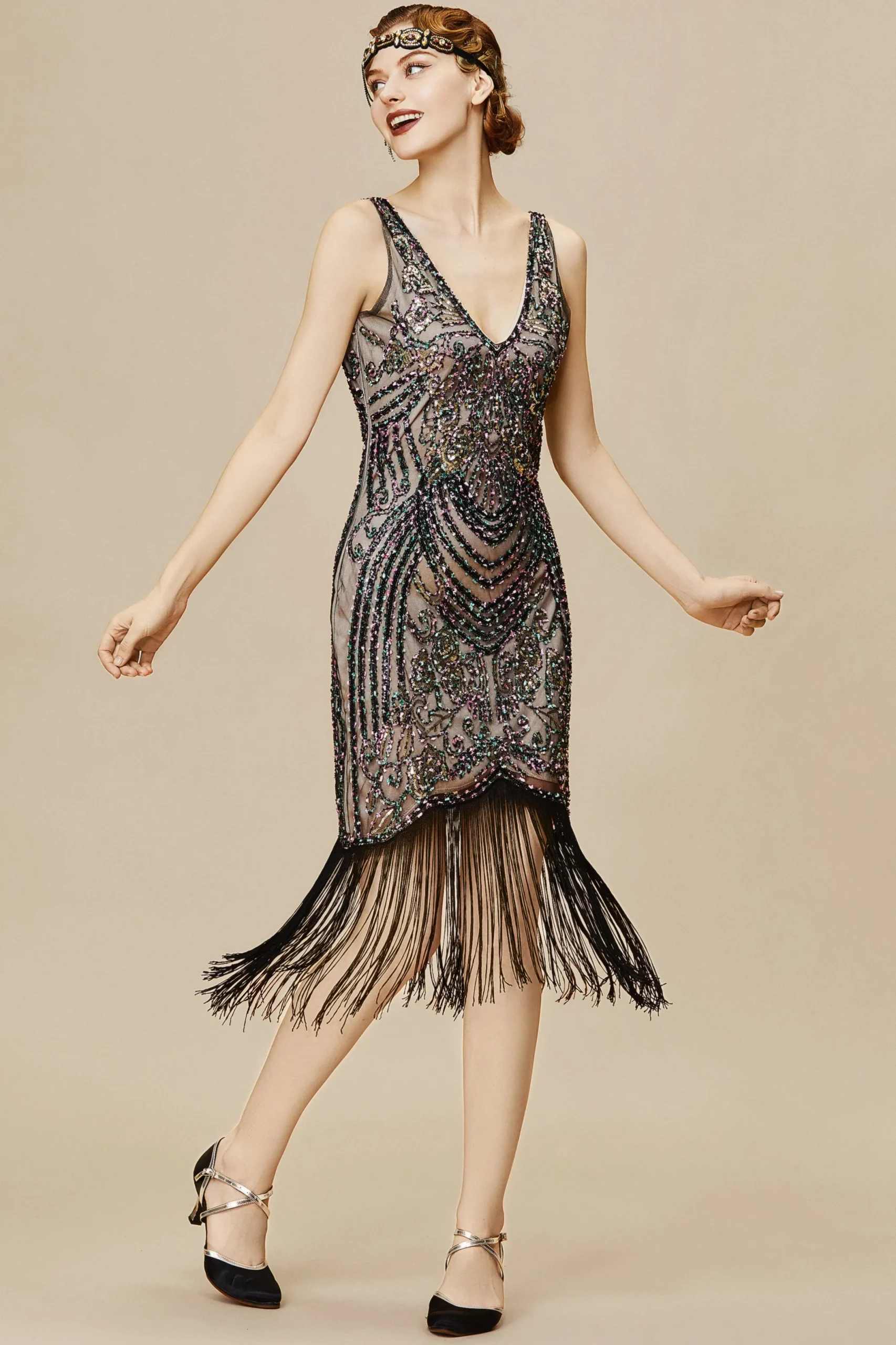 BABEYOND Flapper Dresses | Fringe<Iridescent Beaded V-Neck Prom Dress