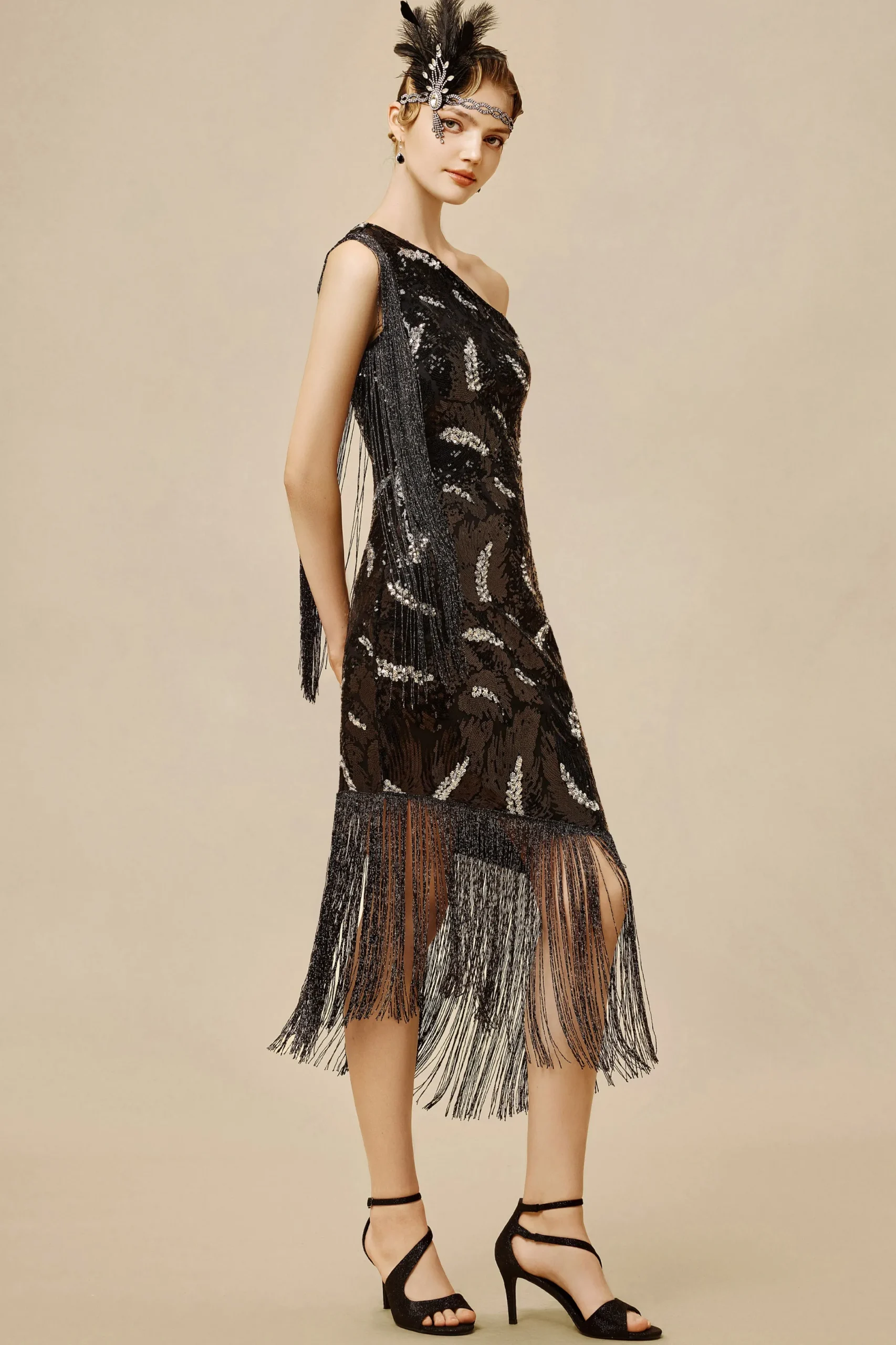 BABEYOND Fringe | Party<La Revue Nègre Feather Sequins Evening Gown