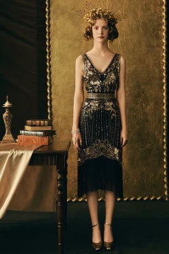 BABEYOND Flapper Dresses | Plus Size<Opulent Floral Beaded Fringe Flapper Dress
