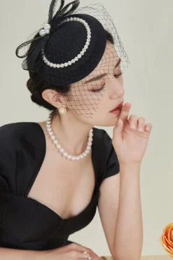 BABEYOND Fascinators<Pearl Studded Veil Feather Pillbox Fascinator