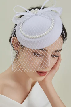 BABEYOND Fascinators<Pearl Studded Veil Feather Pillbox Fascinator