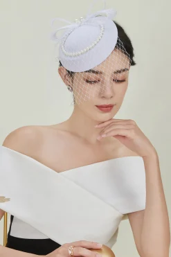 BABEYOND Fascinators<Pearl Studded Veil Feather Pillbox Fascinator