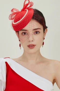 BABEYOND Fascinators<Pearl Studded Veil Feather Pillbox Fascinator