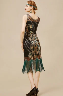 BABEYOND Flapper Dresses | Fringe<1920s Glitter Sequin Peacock Scoop Neck Dress