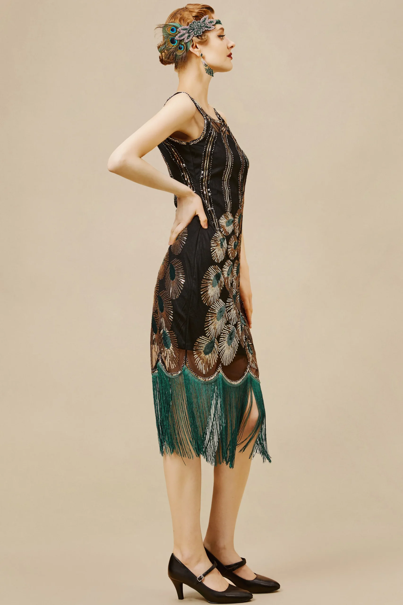 BABEYOND Flapper Dresses | Fringe<1920s Glitter Sequin Peacock Scoop Neck Dress