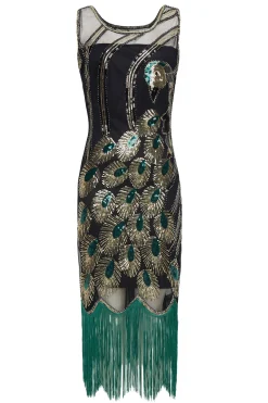 BABEYOND Flapper Dresses | Fringe<1920s Glitter Sequin Peacock Scoop Neck Dress