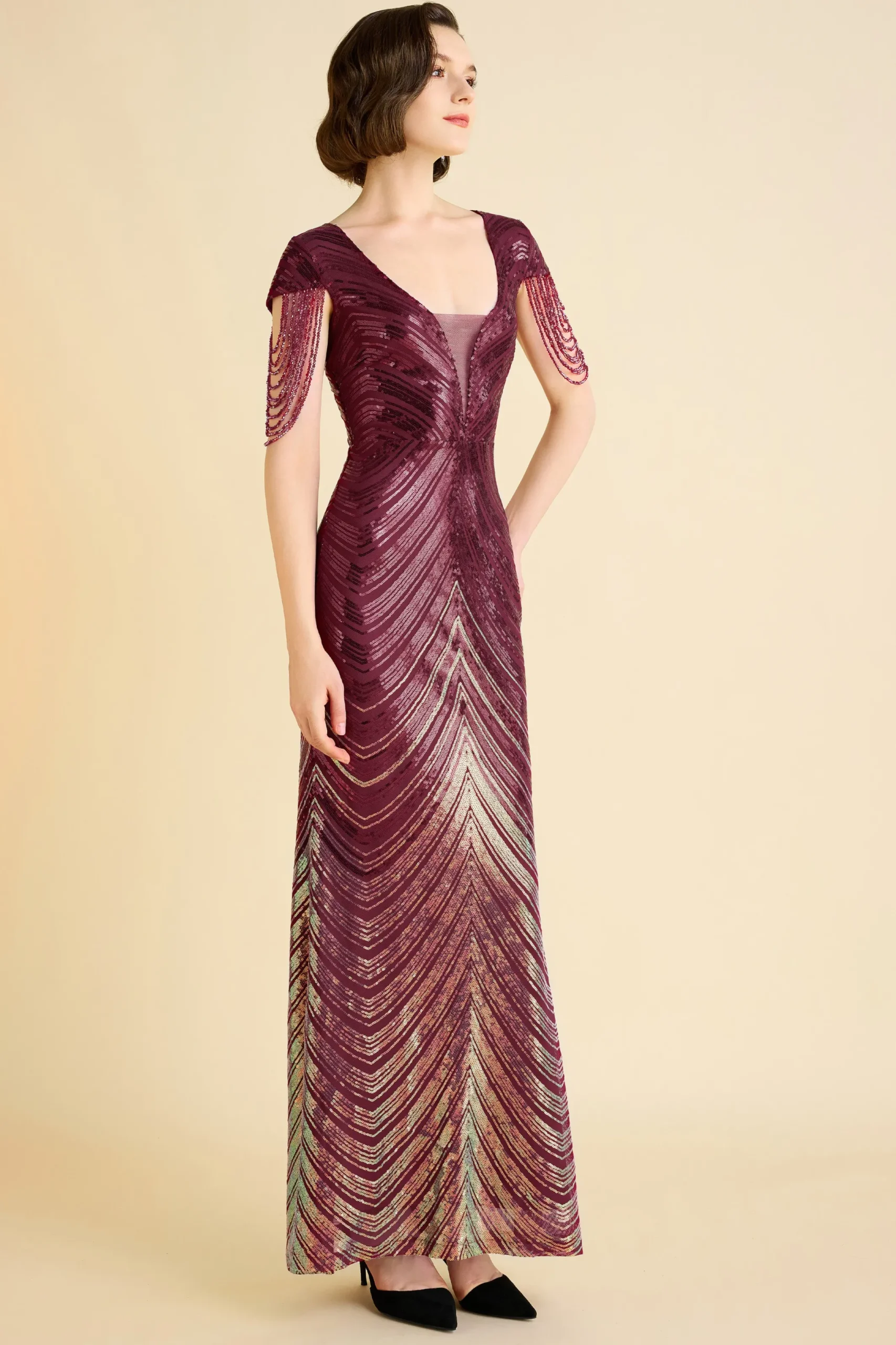 BABEYOND Bead | Ceremony<Sheer Scoop Neck Iridescent Sequin Dress