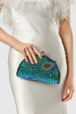 BABEYOND Handbags<Sparkly Beaded Peacock Clutch Purse