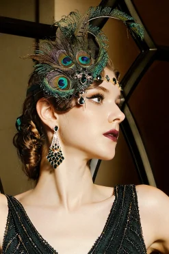 BABEYOND Feather<Vintage Rhinestone Peacock Feather Headpiece