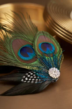 BABEYOND Feather<Vintage Rhinestone Peacock Hair Clip